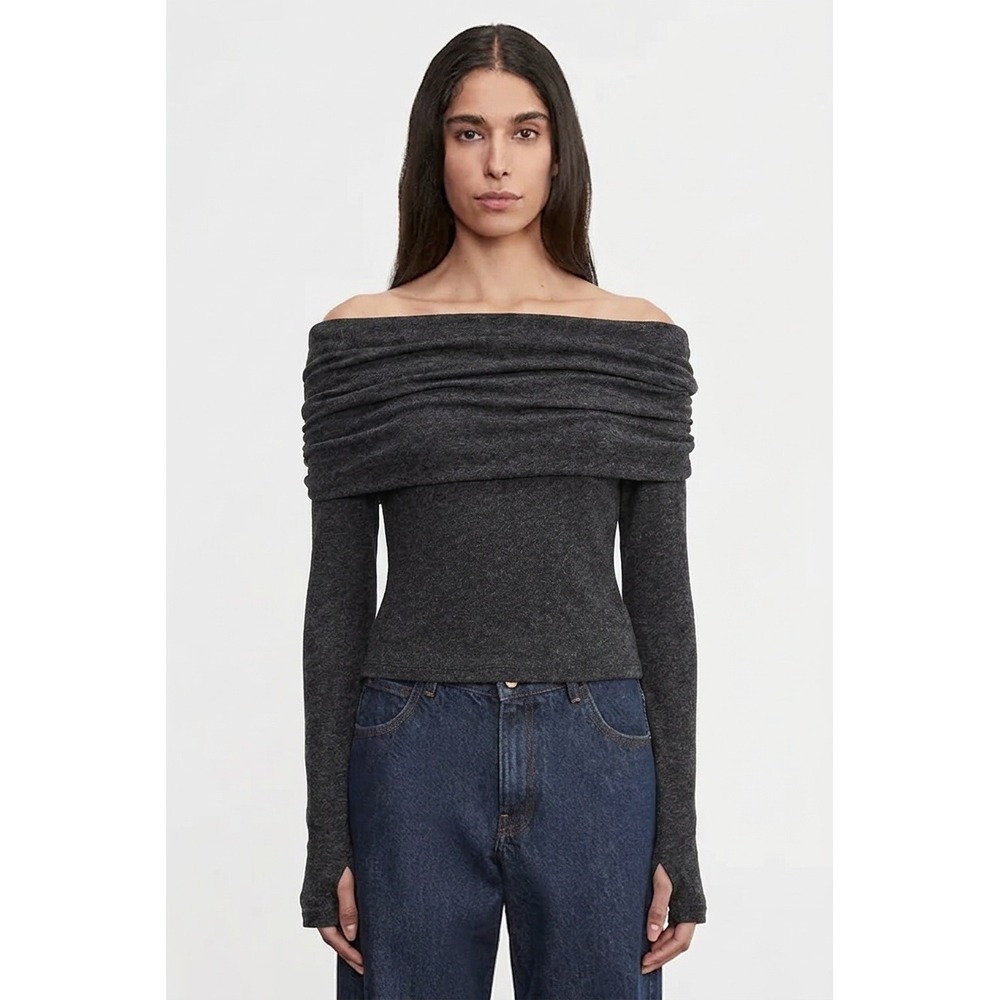 ENZA COSTA Cashmere Off The Shoulder Top Women XS Charcoal Gray Long Sleeve NEW